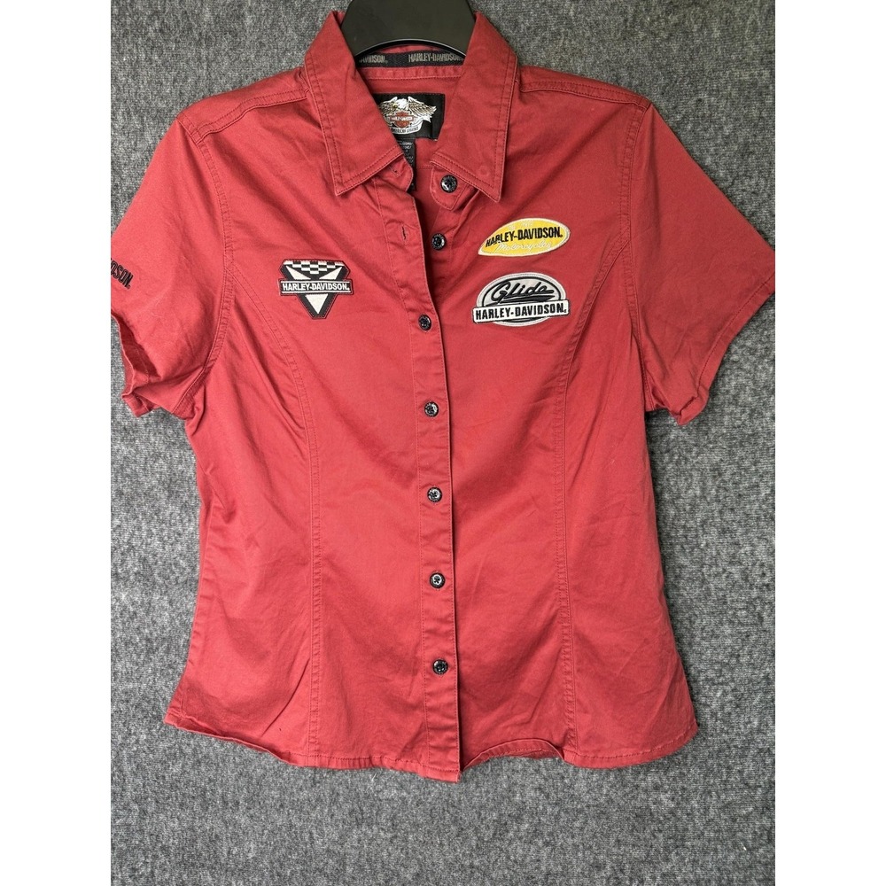 Harley-Davidson Shirt Womens Medium Red Embroidered Short Sleeve Button Up